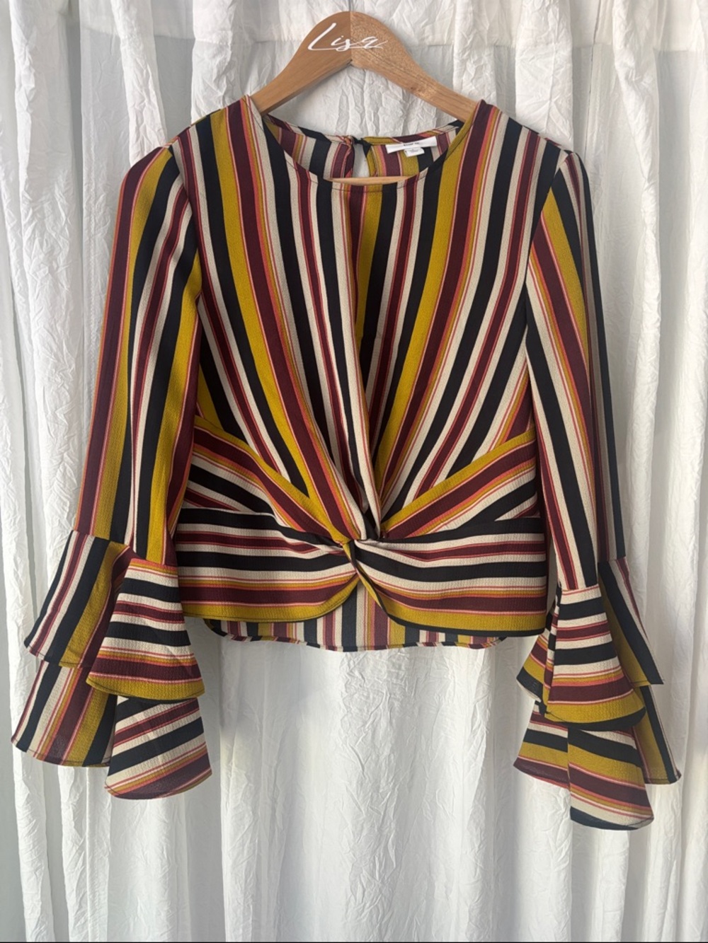 Striped Twist-Front Bell Sleeve Top - - Multicolor